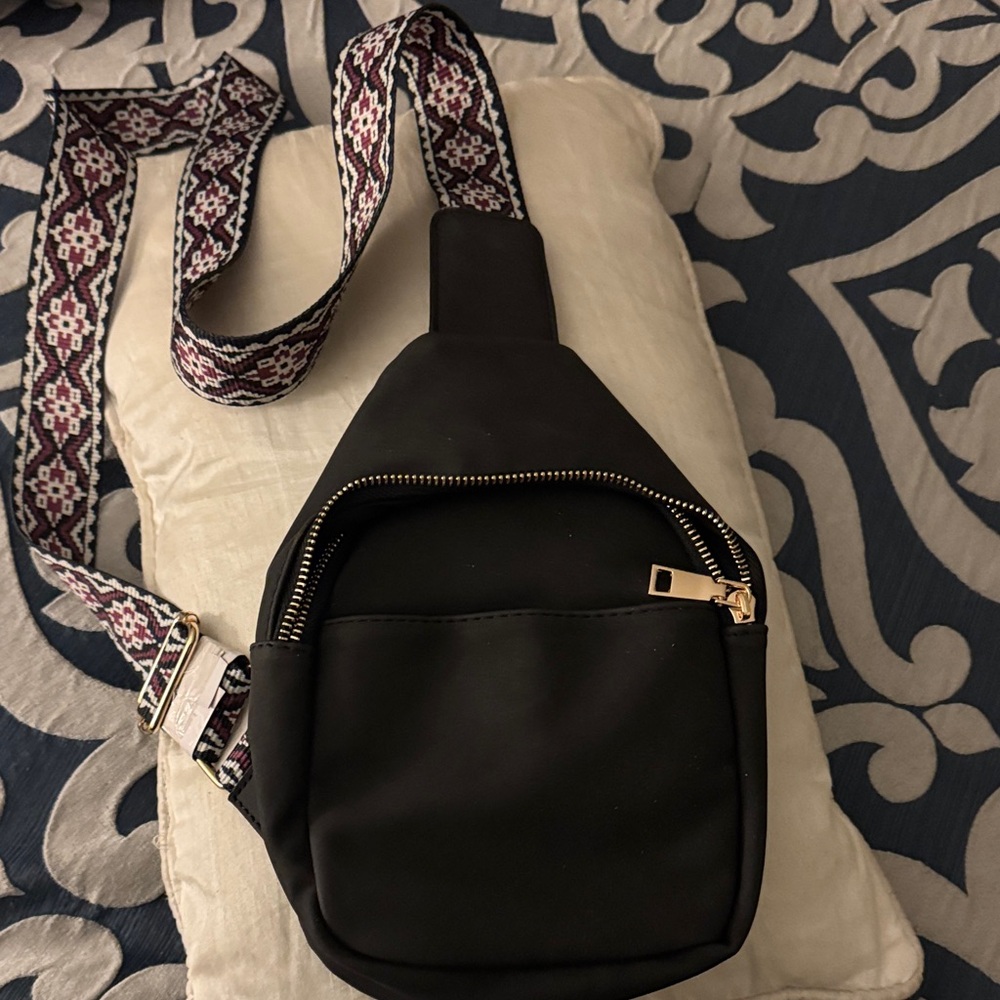 Black Crossbody Bag with Patterned Strap